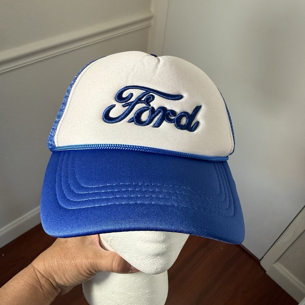 VTG FORD 80s Trucker Snapback Hat Cap Blue Mesh Rope